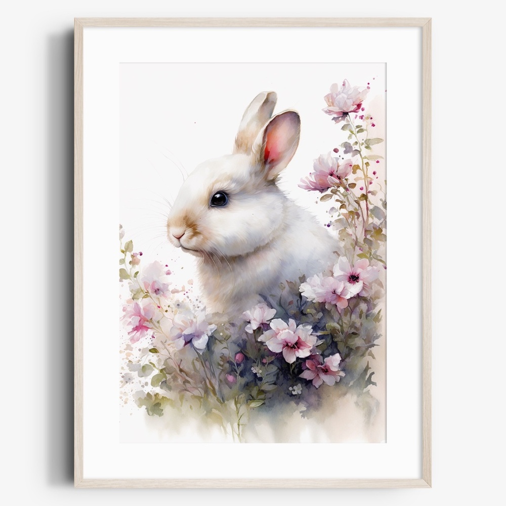 Cute Floral White Bunny Watercolor Wall Art Illustration Print Poster Unframed